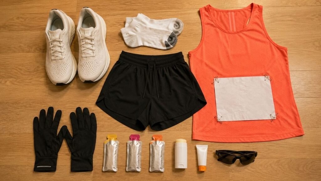 Flat lay of complete half marathon race day outfit laid out the night before including shoes socks shorts shirt and accessories