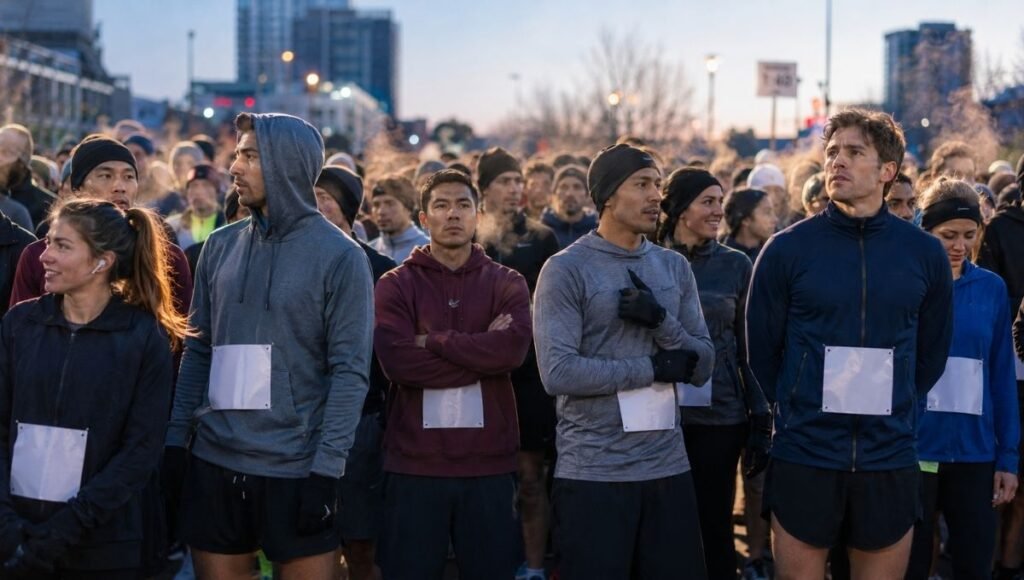 Runners in a half marathon starting corral wearing throwaway layers over race outfits waiting for the gun