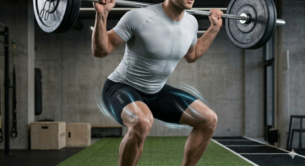 Male athlete dripping sweat while performing a high-volume squat during the hypertrophy phase of a 12-week workout periodization plan in KineticV performance gear.