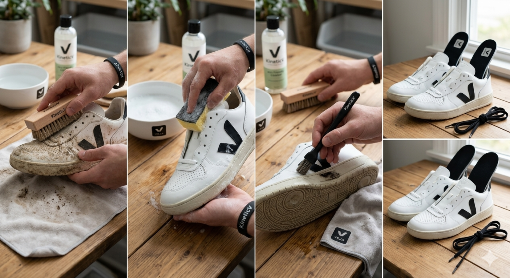 Step-by-step guide on how to clean veja sneakers manually using eco-friendly soap.
