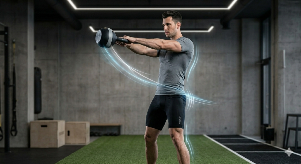 Male athlete performing an explosive kettlebell swing, emphasizing posterior chain activation and power development in KineticV performance gear.