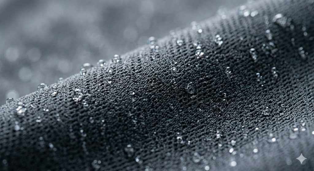 Macro close-up of the technical moisture-wicking fabric used in KineticV performance apparel, showing advanced knit texture and water-beading technology.