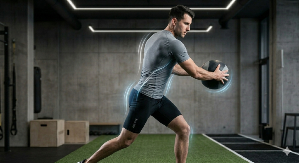Male athlete performing a dynamic functional rotation movement (medicine ball chop) wearing KineticV moisture-wicking compression shorts and grey t-shirt, consistent with the aesthetic of image_0.png and image_2.png.