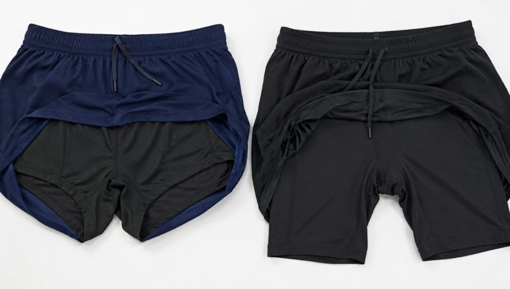 Flat lay comparison of men's running shorts showing brief liner on left and compression liner on right