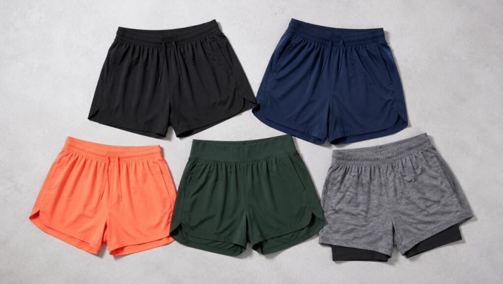 Flat lay of multiple men's running shorts in different colors showing variety of options from budget to premium
