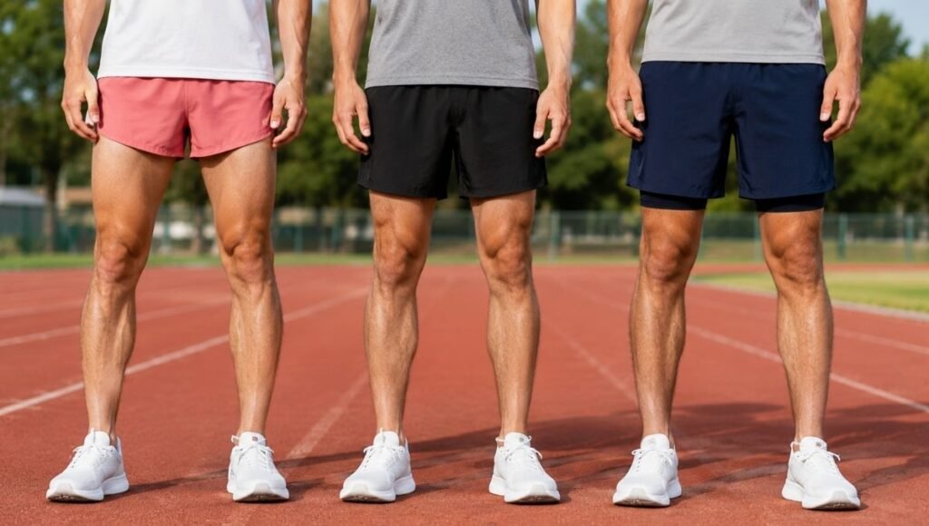 Three men standing side by side showing different running shorts inseam lengths from 3 inch to 7 inch