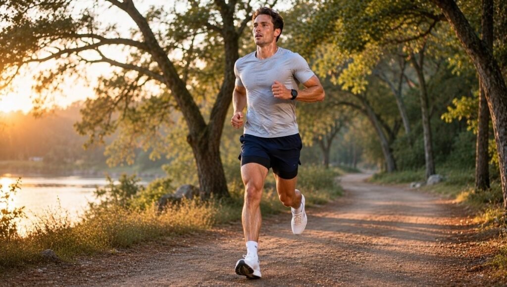 Man running a long distance training run on a trail wearing compression liner running shorts in the early morning