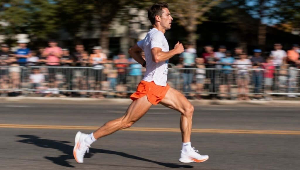 Male runner at full stride wearing split running shorts showing hip extension and side slit design