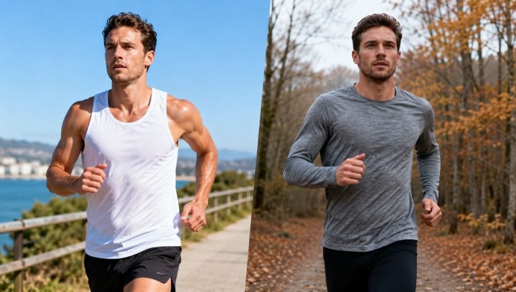Two runners side by side showing different moisture wicking fabric choices for warm summer running versus cool weather running