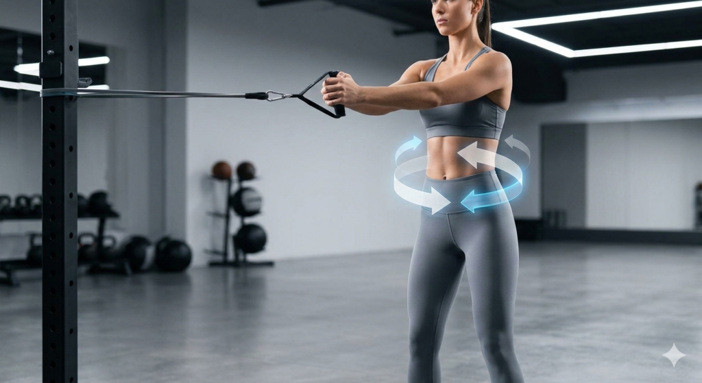 Female athlete performing a Pallof Press, demonstrating core stability and anti-rotation benefits wearing KineticV compression leggings.