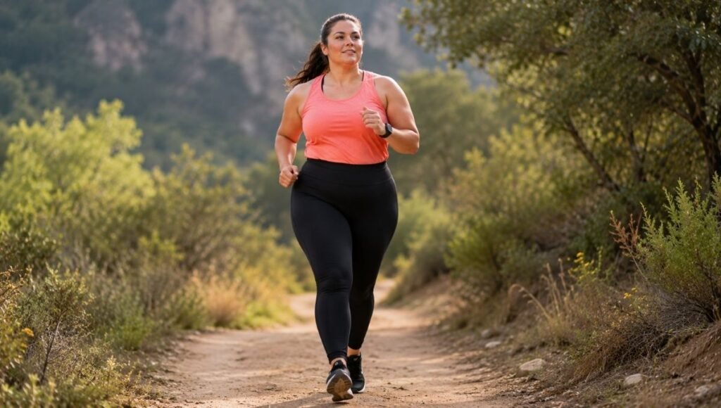 Plus size woman in high-waisted compression running tights showing secure wide waistband fit during outdoor run