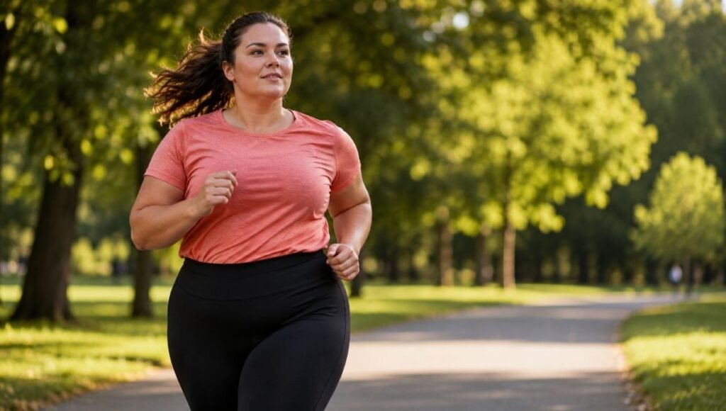 Confident plus size woman running outdoors in well-fitted high-waisted running tights and technical top
