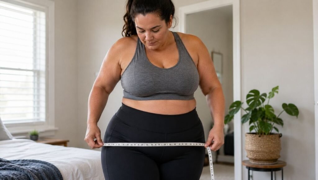 Woman measuring her hip circumference with a soft tape measure to find correct plus size running clothes sizing