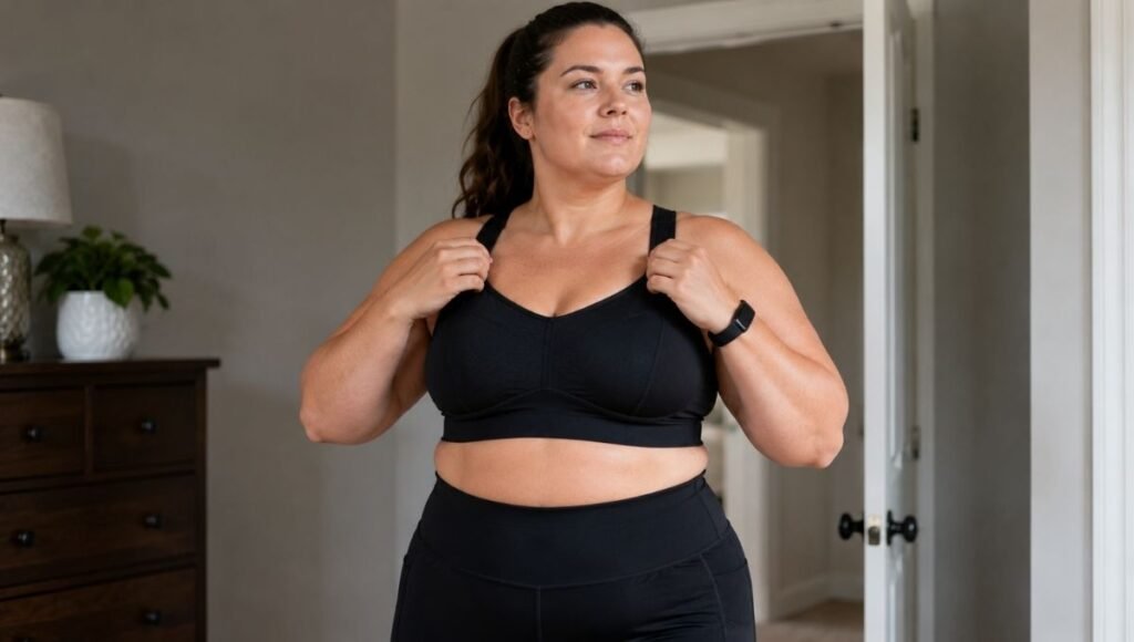 Plus size woman adjusting a structured high-impact sports bra before a run showing proper support and fit