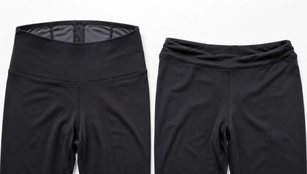 Flat lay comparison of running tights showing wide structured high-rise waistband versus narrow rolling waistband