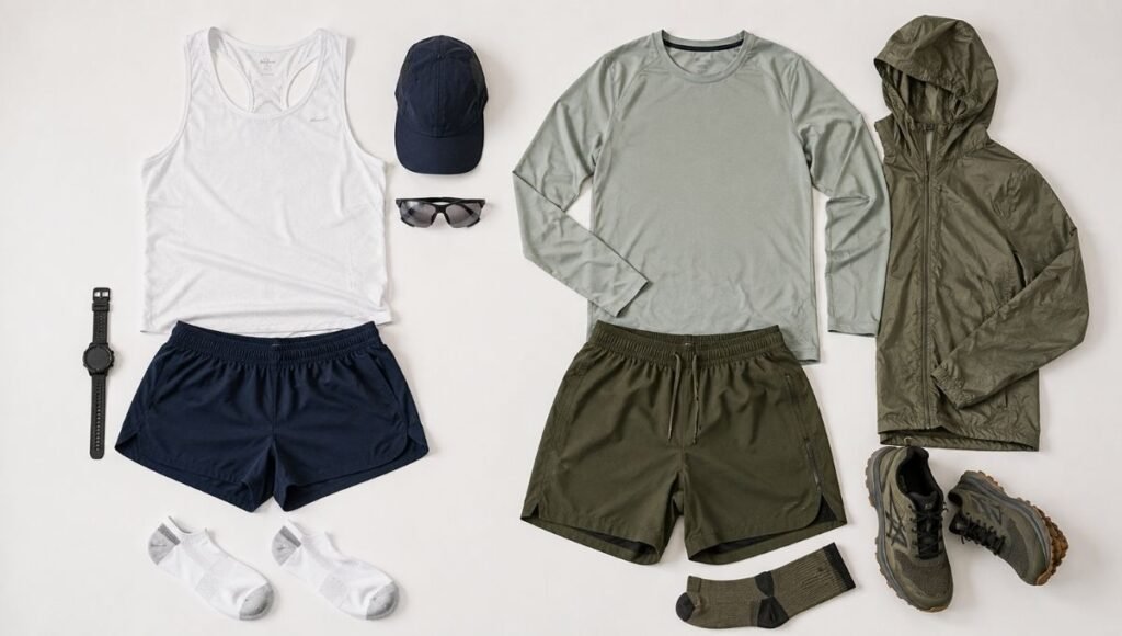 Side by side flat lay comparing road running outfit with short inseam shorts versus trail running outfit with longer shorts and zippered pockets
