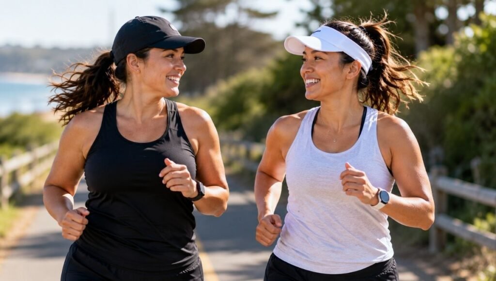 Two women runners side by side one wearing a running cap and one wearing a visor showing different head coverage options
