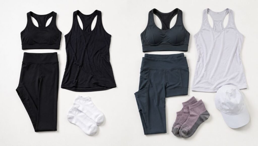 Flat lay comparison of a budget starter running kit on the left and a premium performance running kit on the right