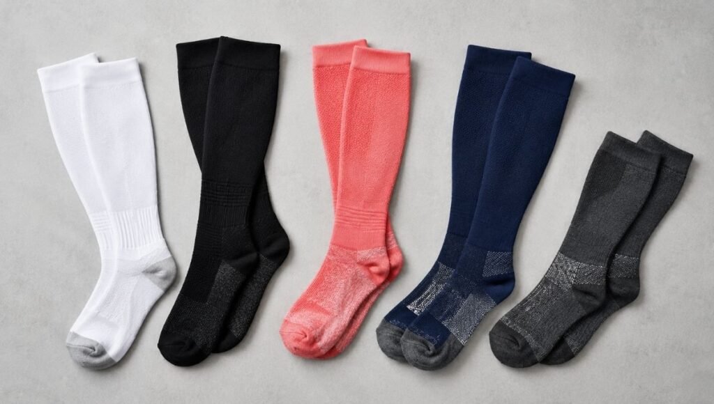 Flat lay collection of multiple running compression socks in different colors and heights showing variety of options