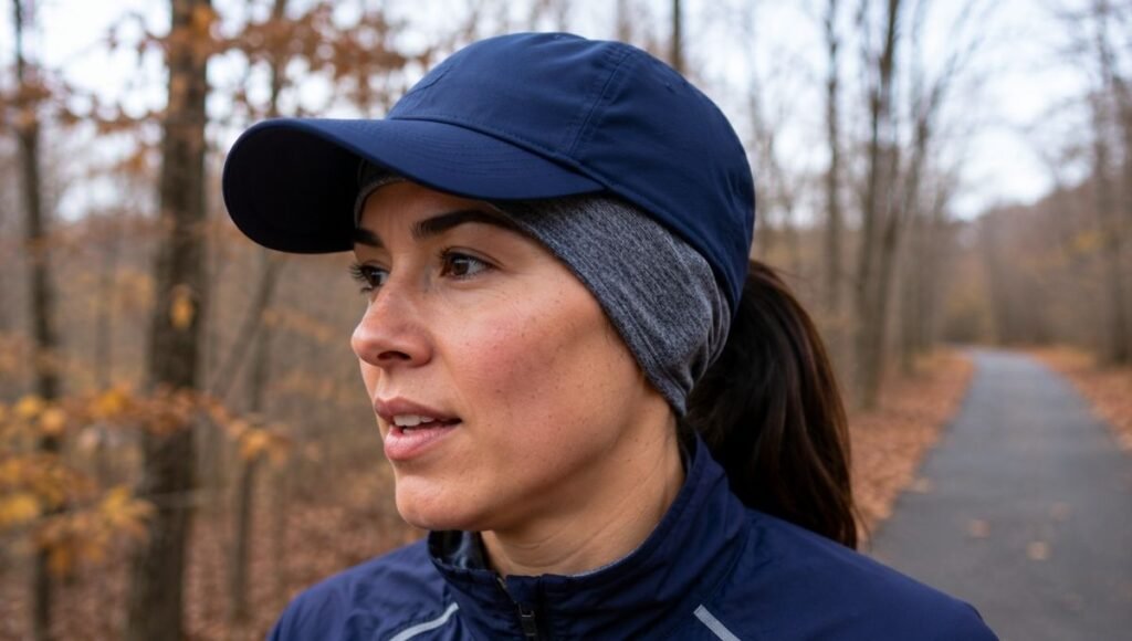 Woman on a long summer trail run wearing a UPF 50+ running cap shading her face from strong overhead sun