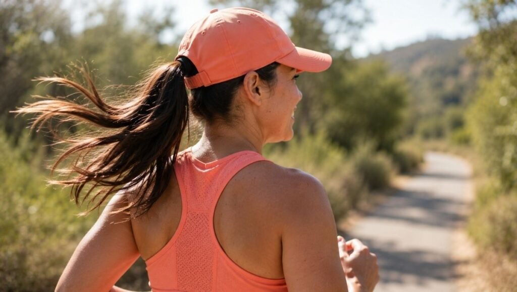 Woman running with a high ponytail through the open rear closure of a ponytail-friendly running cap