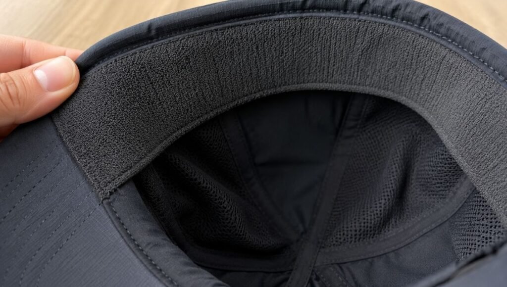 Close-up interior view of a running cap showing the wide moisture-wicking sweatband construction