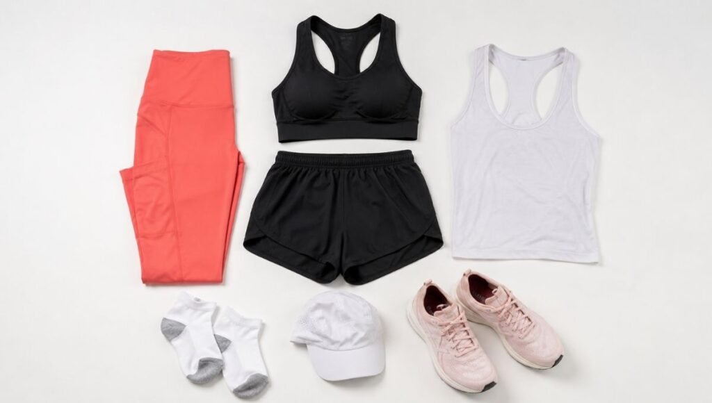 Flat lay of women's running kit items numbered by purchase priority from sports bra to accessories