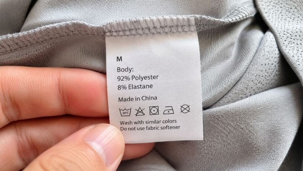 Close-up of a running shirt care label showing polyester and spandex fabric content percentages