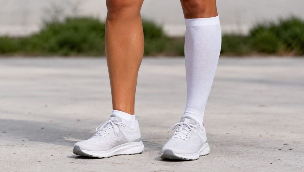 Woman running on a road showing complete running outfit with technical top running tights socks and cap