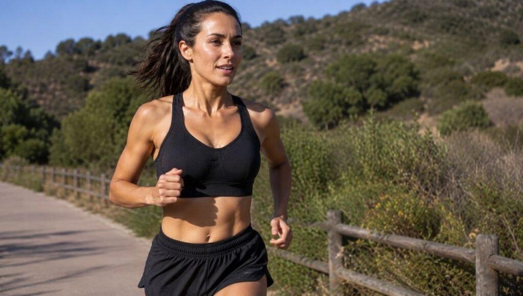 Female runner mid-stride in a high-impact sports bra showing secure supportive fit during outdoor run