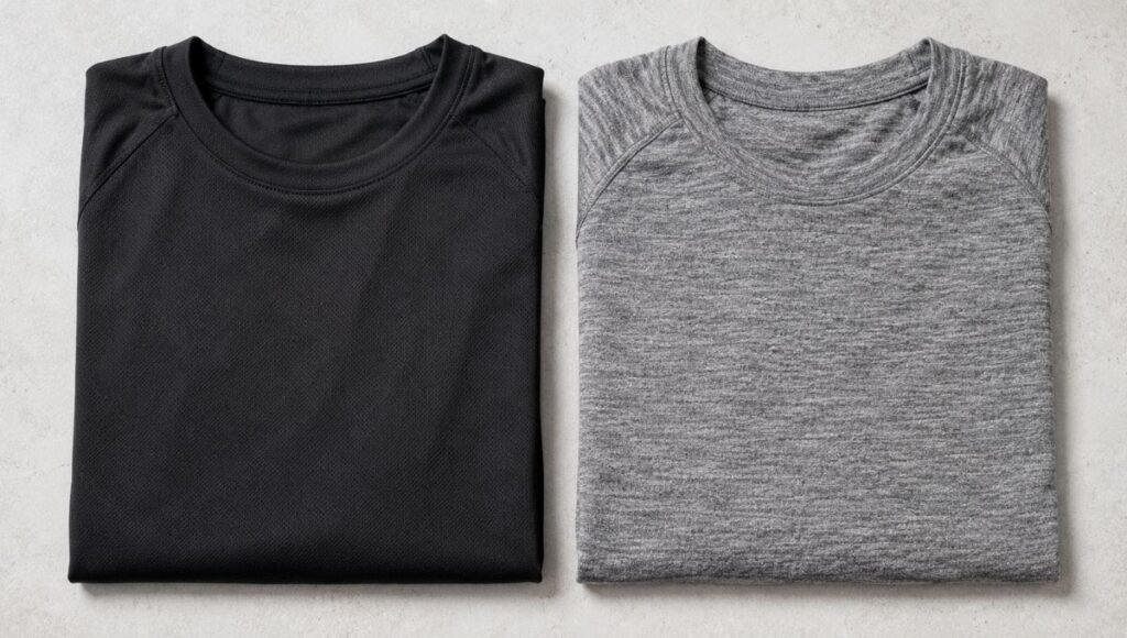 Flat lay side by side of a synthetic polyester running shirt and a merino wool running shirt showing fabric texture differences