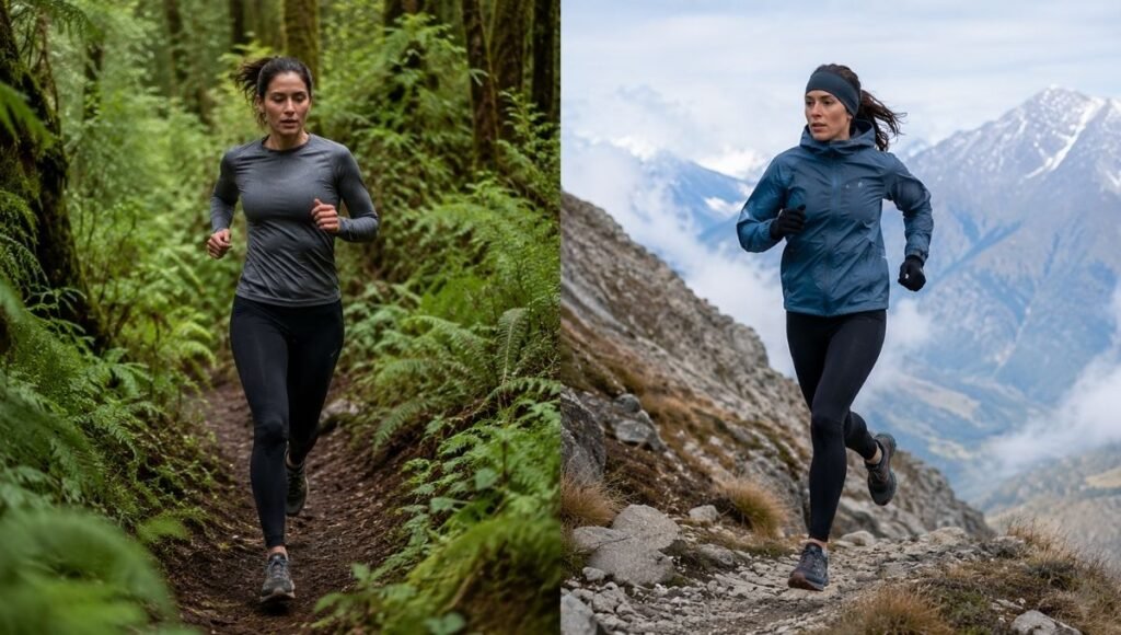 Two trail runners side by side showing different outfit choices for forested trail versus rocky alpine terrain