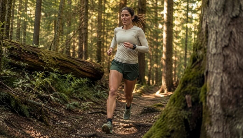 Woman running on a forested trail wearing trail running outfit with longer shorts and technical top