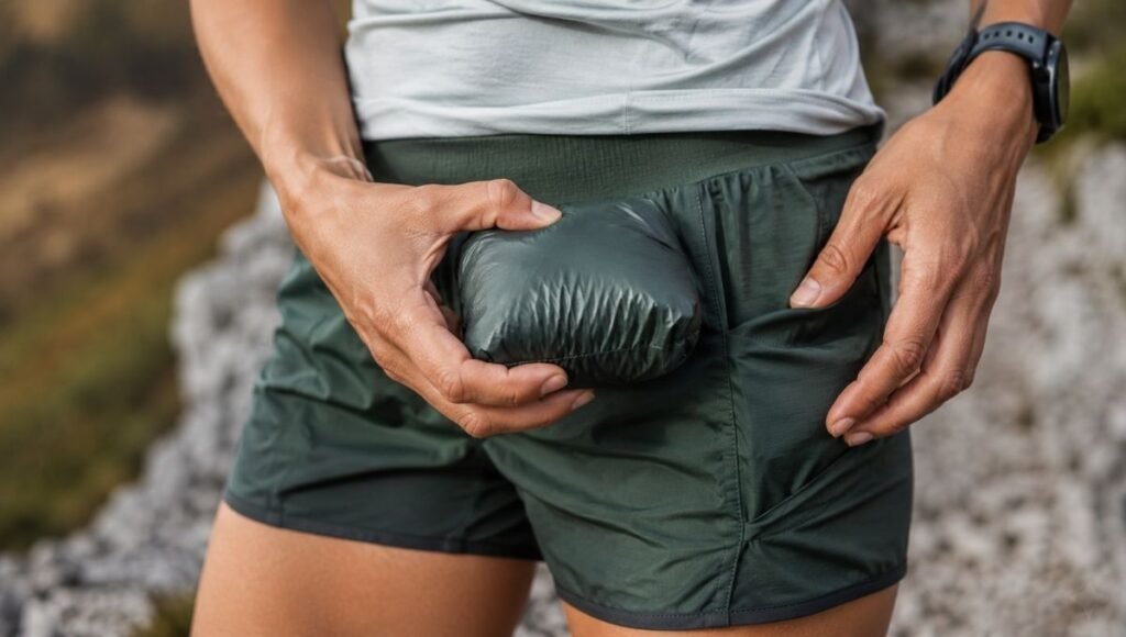 Trail runner's hands showing a compact packable windshell jacket compressed to fit in a shorts pocket for emergencies