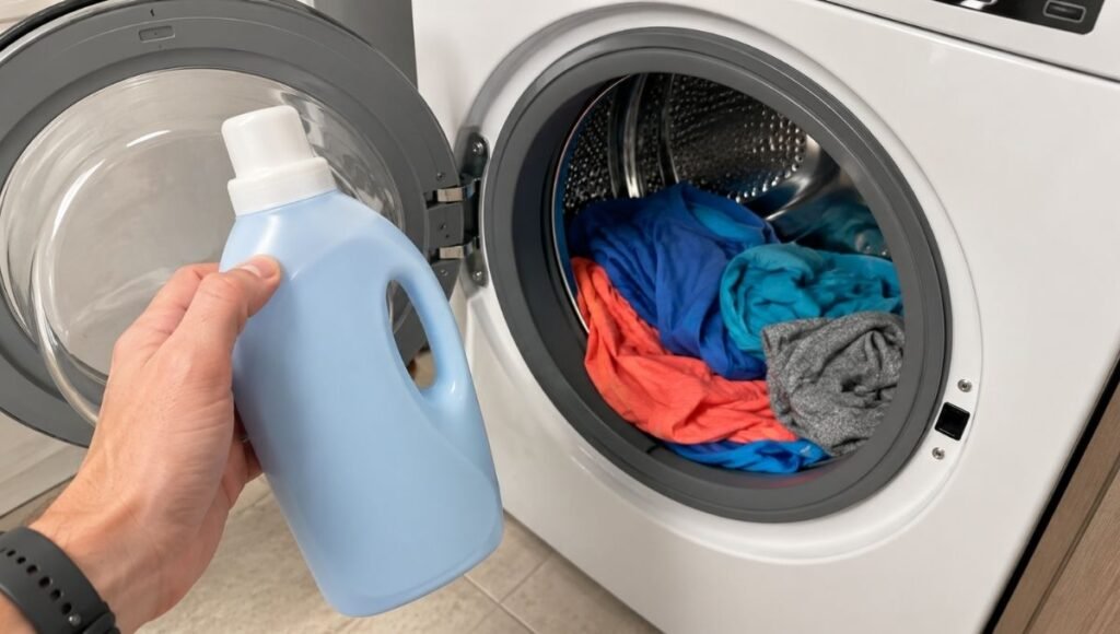 Hand holding a bottle of fabric softener next to running clothes in a washing machine with a visual indication not to use it