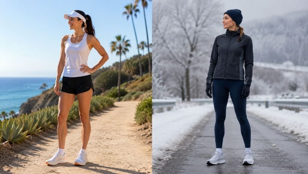 Side by side of a woman's legs showing running ankle socks on one foot and knee-high compression socks on the other