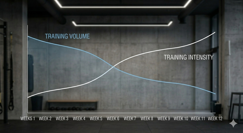 Graph illustrating the inverse relationship between training volume and intensity over a 12-week workout periodization plan to break a training plateau.