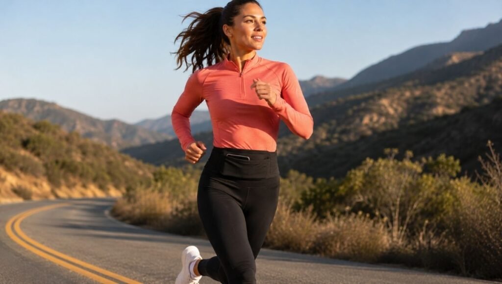Woman running with a slim running belt worn snugly at the natural waist showing secure no-bounce fit