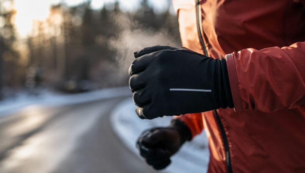 Runner's gloved hands mid-stride on a cold winter morning showing lightweight running gloves in use