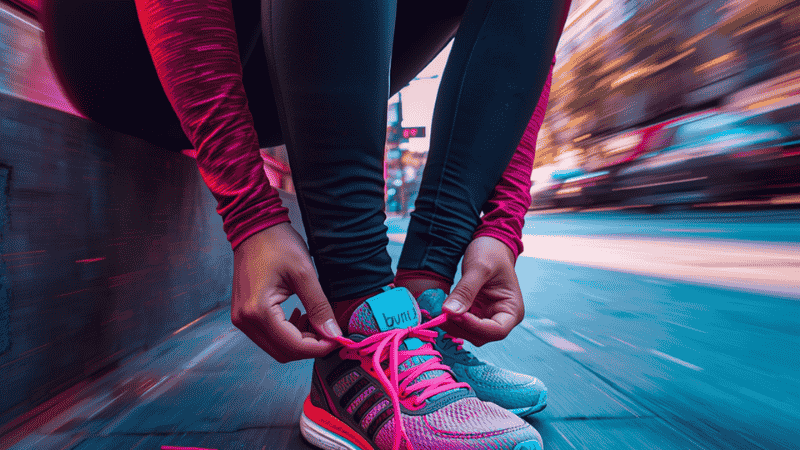 A fitness enthusiast ties their running shoe laces on a city sidewalk, wearing moisture-wicking compression sportswear and a pair of new 2026 high-stack performance running shoes.