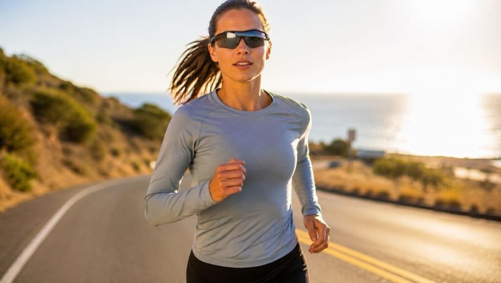 Woman running outdoors on a sunny road wearing wraparound running sunglasses showing secure no-slip fit