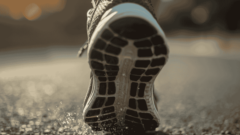 A close-up shot of a runner running on the asphalt road shows the compression and cushioning process of the midsole foam as well as the breathable structure of the upper technical mesh fabric.