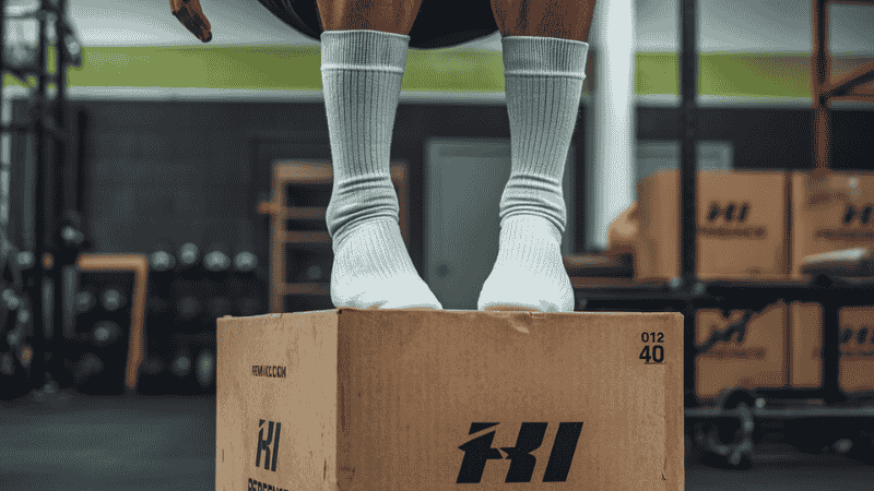 An athlete is performing box jumps in a gym; the mid-calf performance socks worn on their feet remain securely fitted around their ankles throughout the intense, explosive movements, without slipping or bunching up.