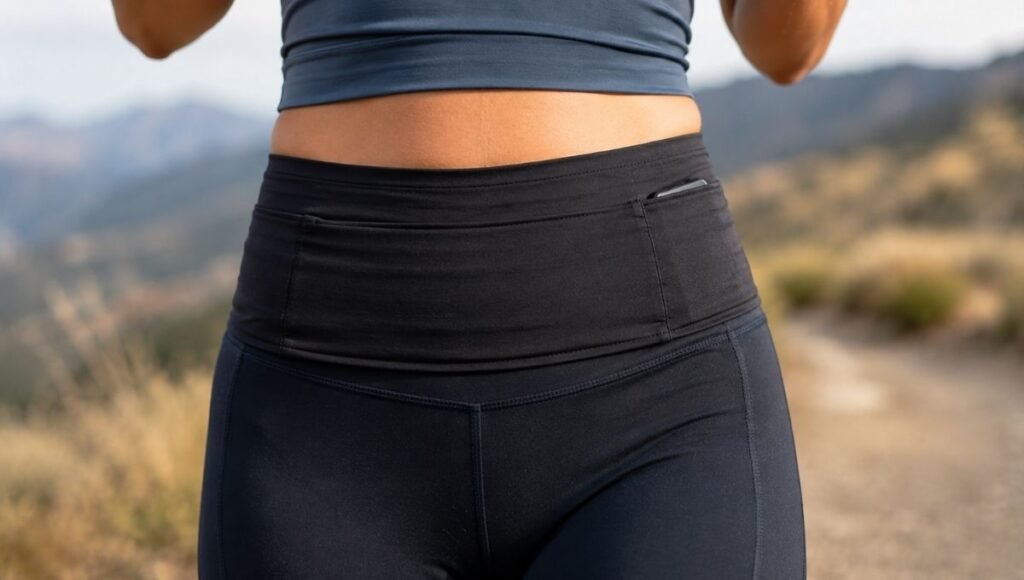 Close-up of a wide stretch running band worn flush against the waist showing minimal profile and no bouncing design