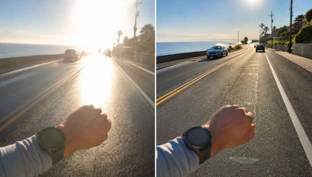 Split view comparison showing road glare through non-polarized lens on left and reduced glare through polarized lens on right