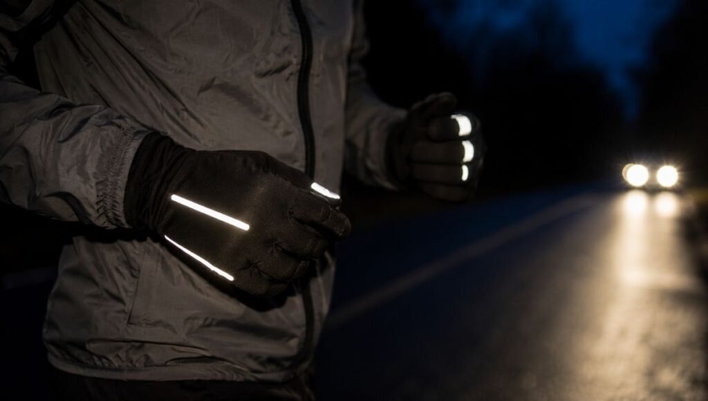 Runner's hands showing reflective running gloves illuminated by headlights during a dark early morning run