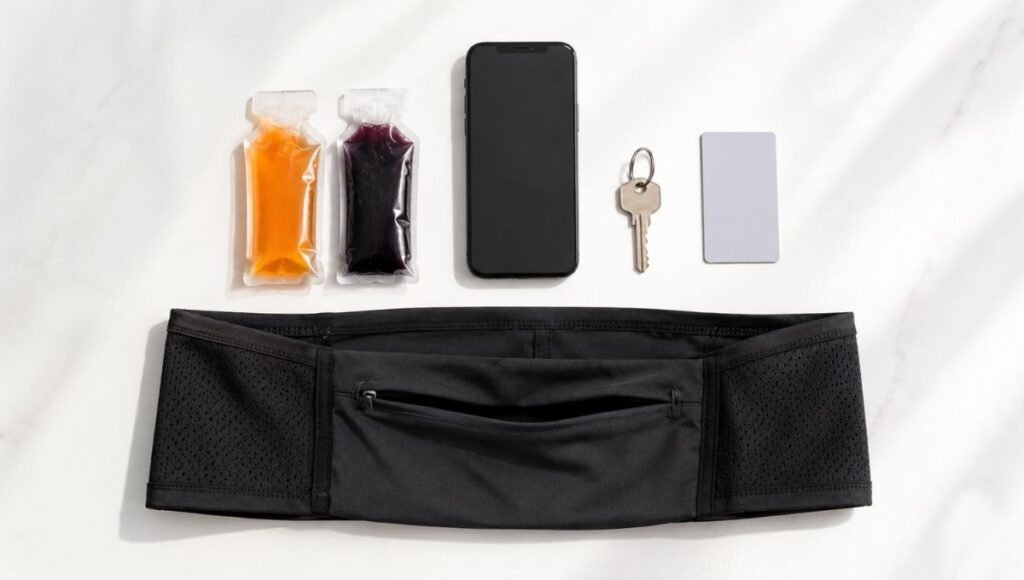 Flat lay of running belt contents including energy gels phone key and ID card arranged next to a slim running belt