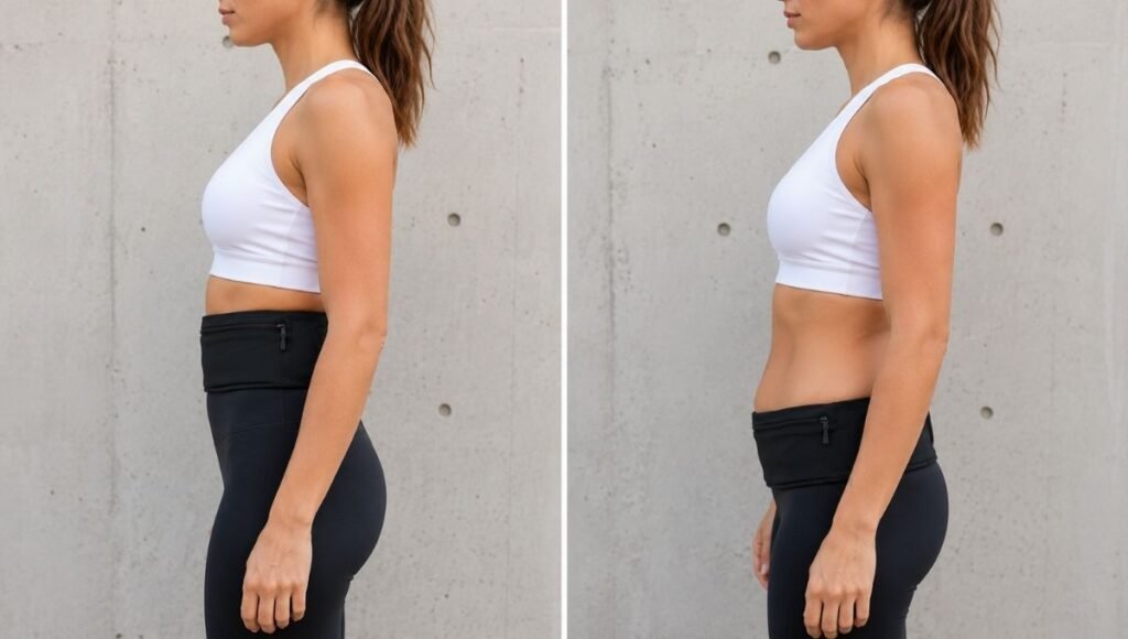 Two side by side images showing a running belt worn correctly at the natural waist versus incorrectly at the hips