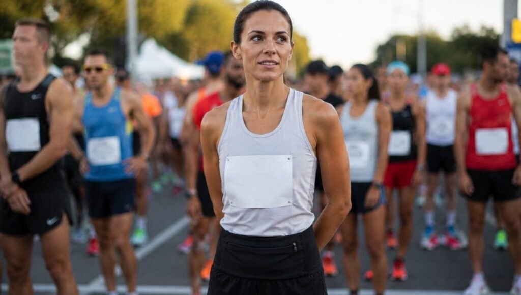 Runner at a road race start line wearing a slim running belt over race kit with race bib pinned to shirt