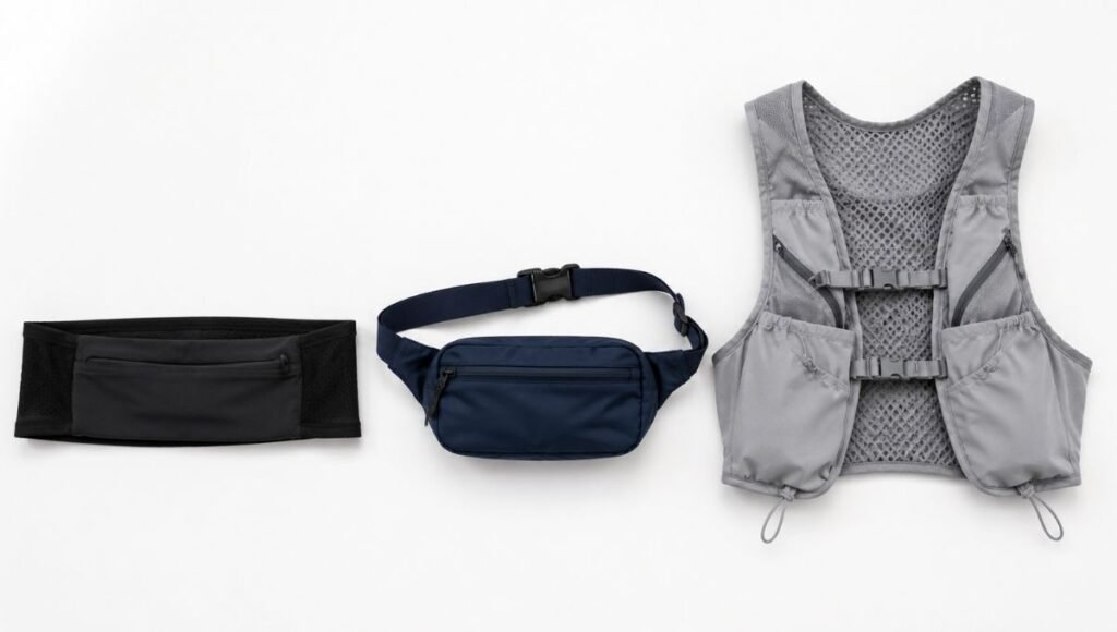 Flat lay showing three running carry options side by side a slim running belt a fanny pack and a running vest